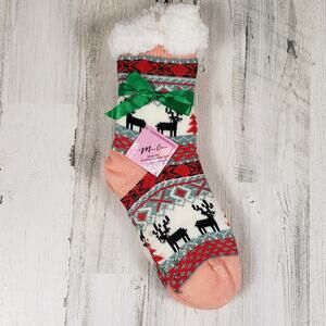 NWT Mari Clare Sherpa Lined Knit Winter Reindeer Design No-Slip Slipper Socks